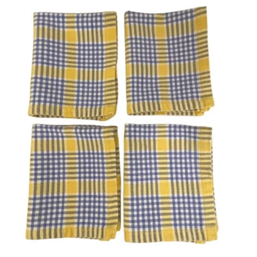 Set of 4 Vintage Woven Cotton Placemats Yellow Blue White Plaid Cottagecore MCM